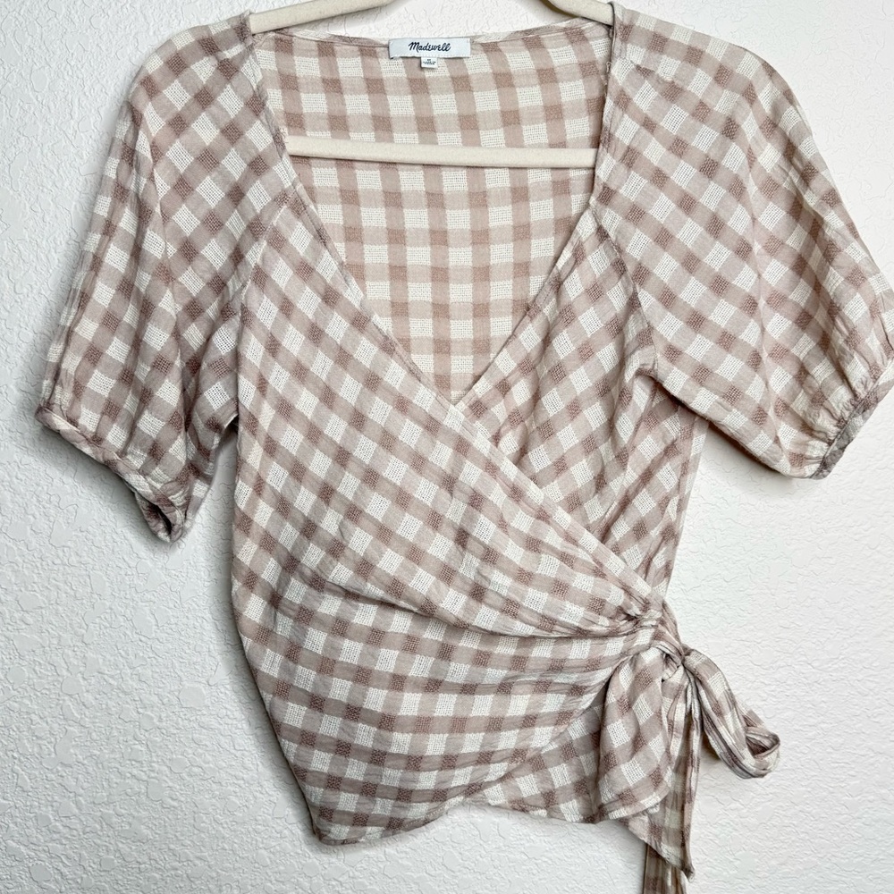 Madewell Tan Gingham Checkered Wrap Blouse Size M Crossover Waist Tie